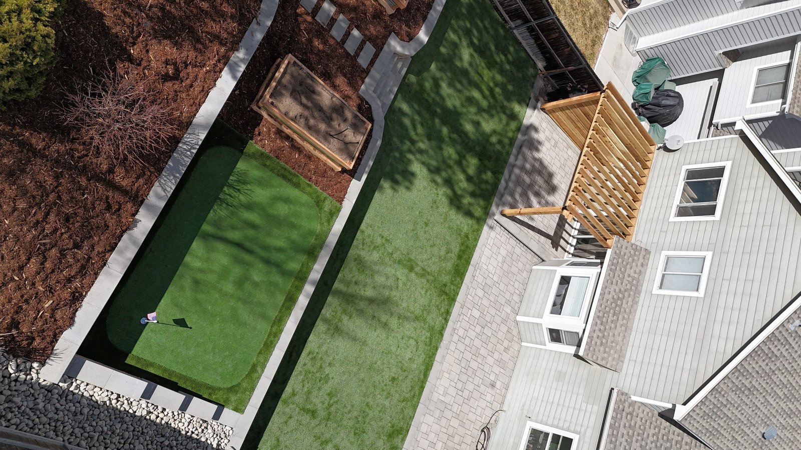 Aerial view of completed ORO Landscape backyard project, Colorado