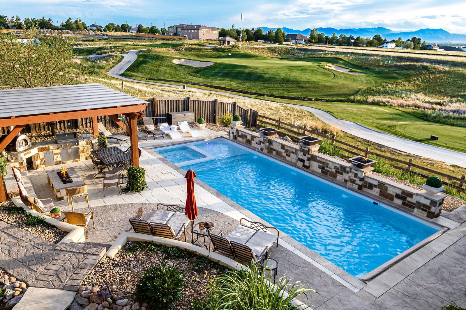 Pool deck lounge area, ORO Landscape Colorado project