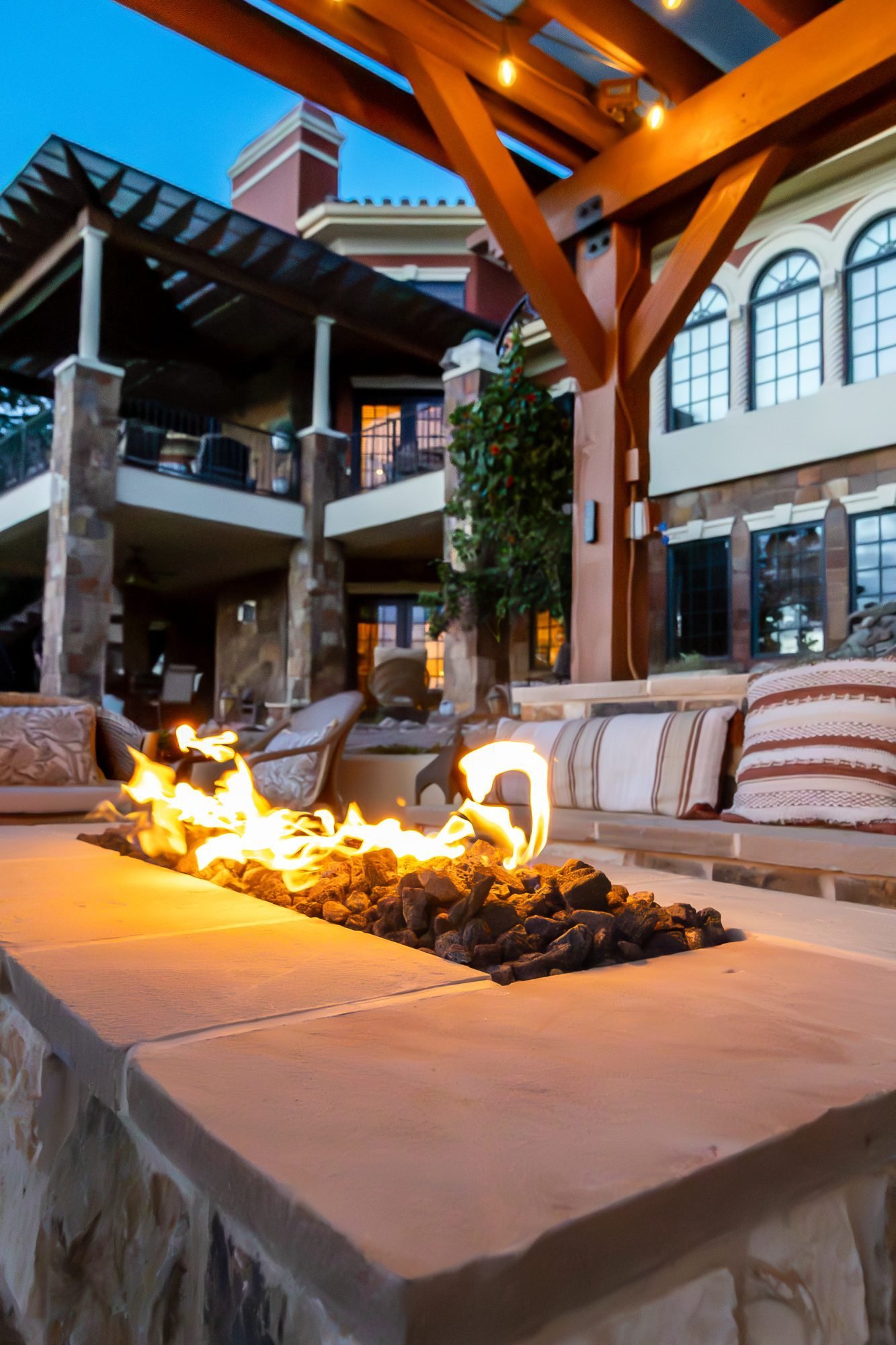 Fire pit and pool seating area, ORO Landscape Colorado project