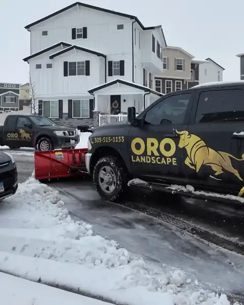 Oro Landscape snow removal service trucks plowing a residential street in front of a Colorado home